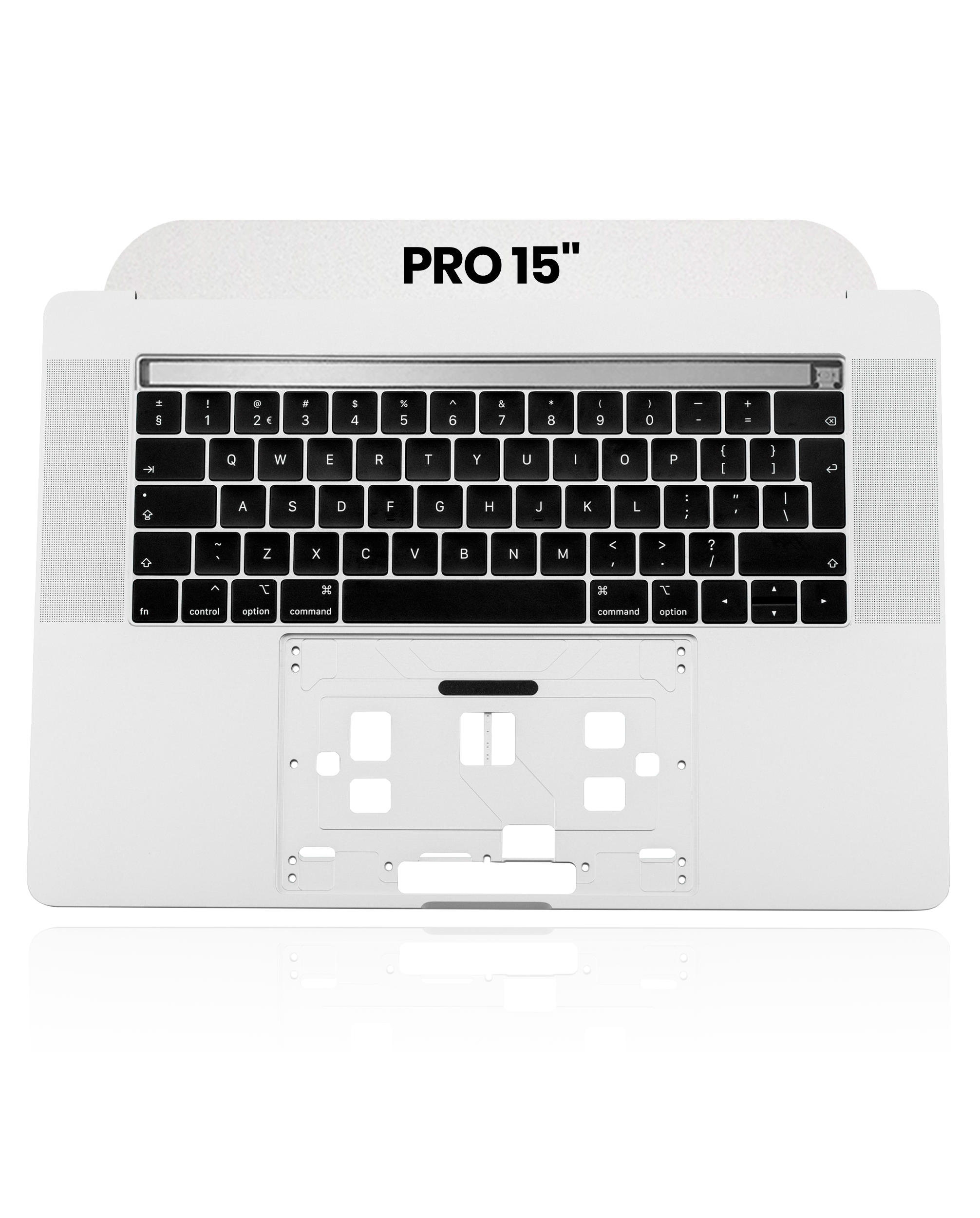 SILVER TOP CASE WITH KEYBOARD (UK ENGLISH)  FOR MACBOOK PRO 15" TOUCH BAR A1990 (LATE 2018 / EARLY 2019)  (USED OEM PULL: COSMETIC GRADE: NEW)