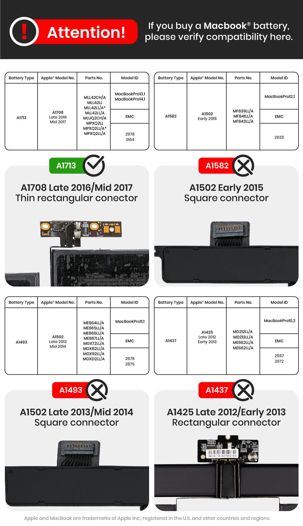 Battery (A1713) Compatible For MacBook Pro 13" Retina (A1708 Late 2016 / Mid 2017) / Pro 13" (A2289 / 2020)