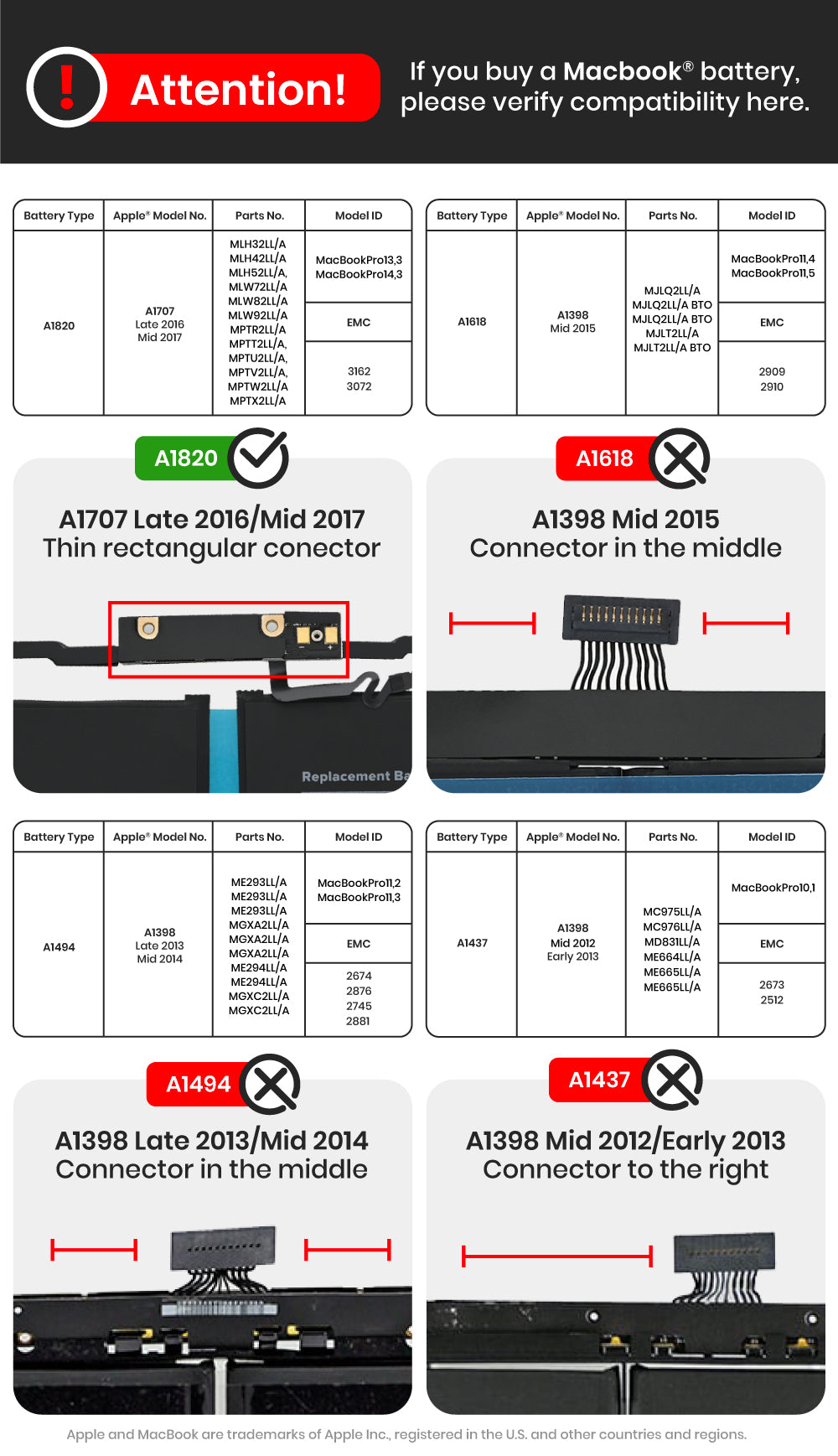 Battery (A1820) Compatible For MacBook Pro 15" Retina (A1707 Late 2016 / Mid 2017)