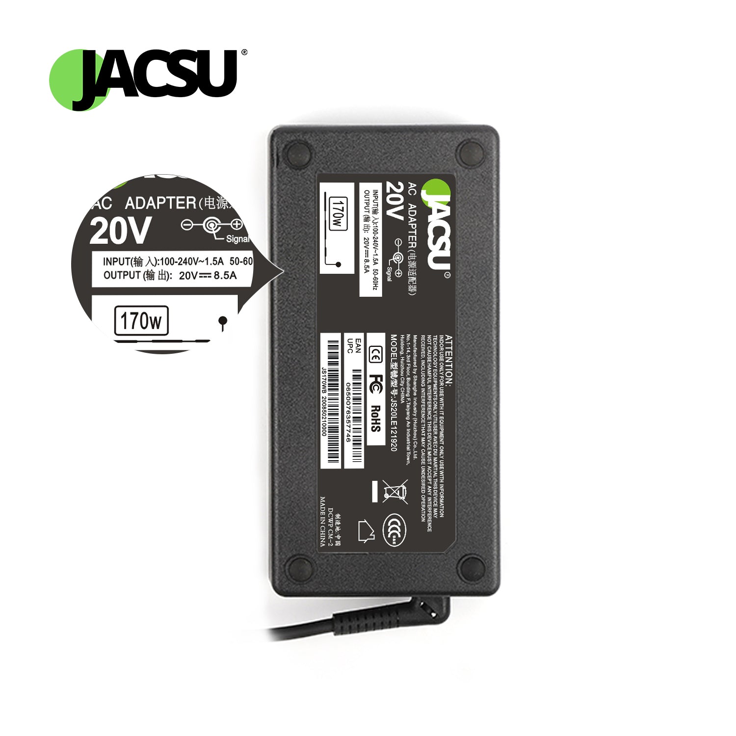 Jacsu 20V 8.5A 170W 7.9*5.5mm Laptop Adapter Charger for Lenovo Legion Y720-15 Y7000P P50 P51 P70 P71 W540 W541