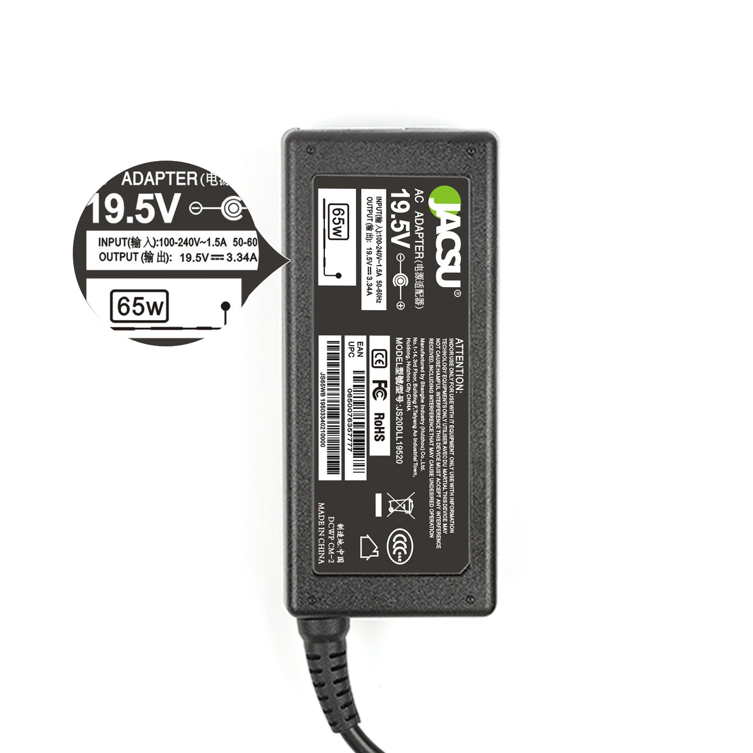 Jacsu DELL 19.5V 3.34A 65W Pin 7.4x5.0mm Power Laptop Adapter Charger LA65NS2-01 PA-12 Family XPS M140 M65