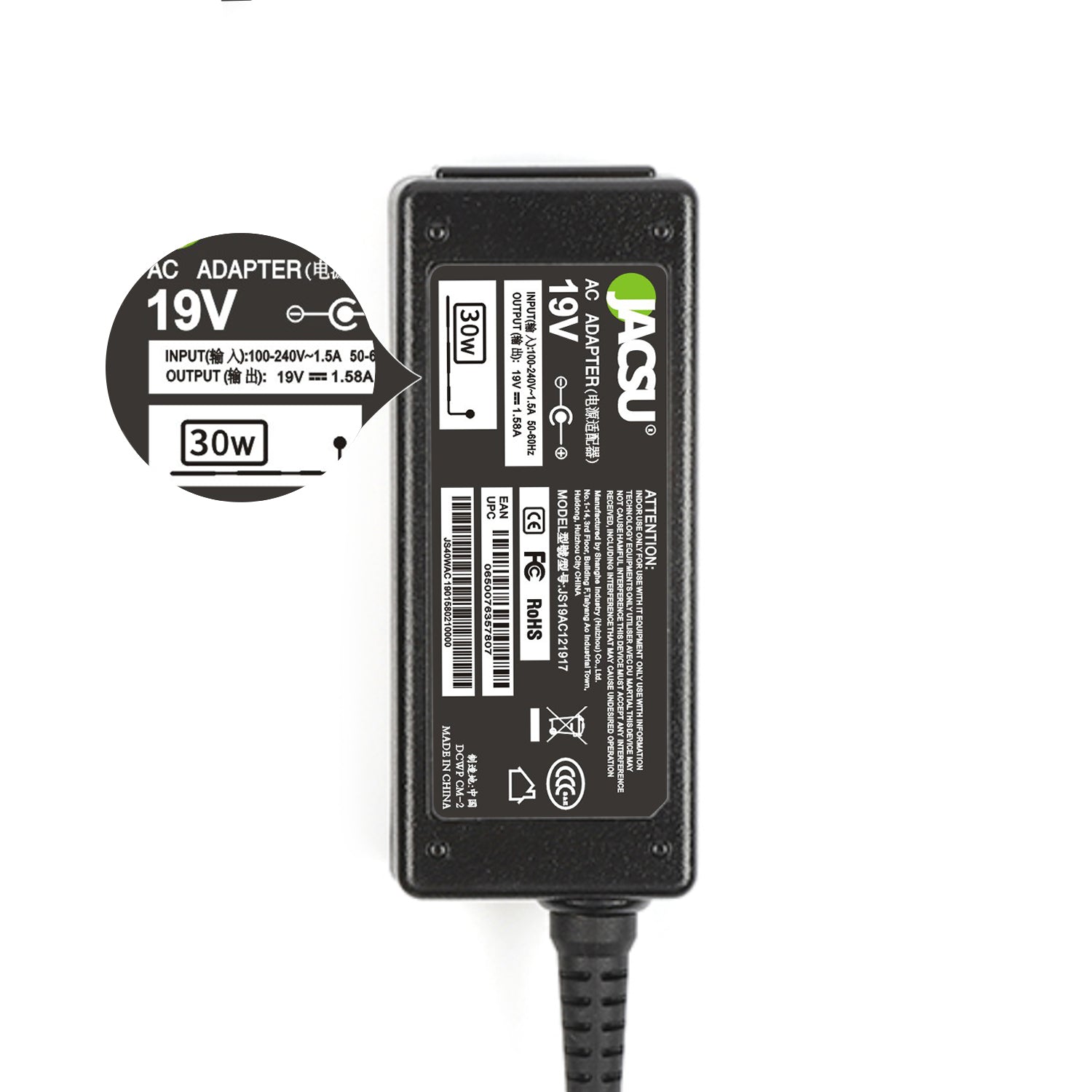 Jacsu 19V 1.58A 5.5*1.7mm 30W Laptop Adapter Charger For Acer Aspire One - 10.1" AOD150-1739 8.9" AOA150-1126