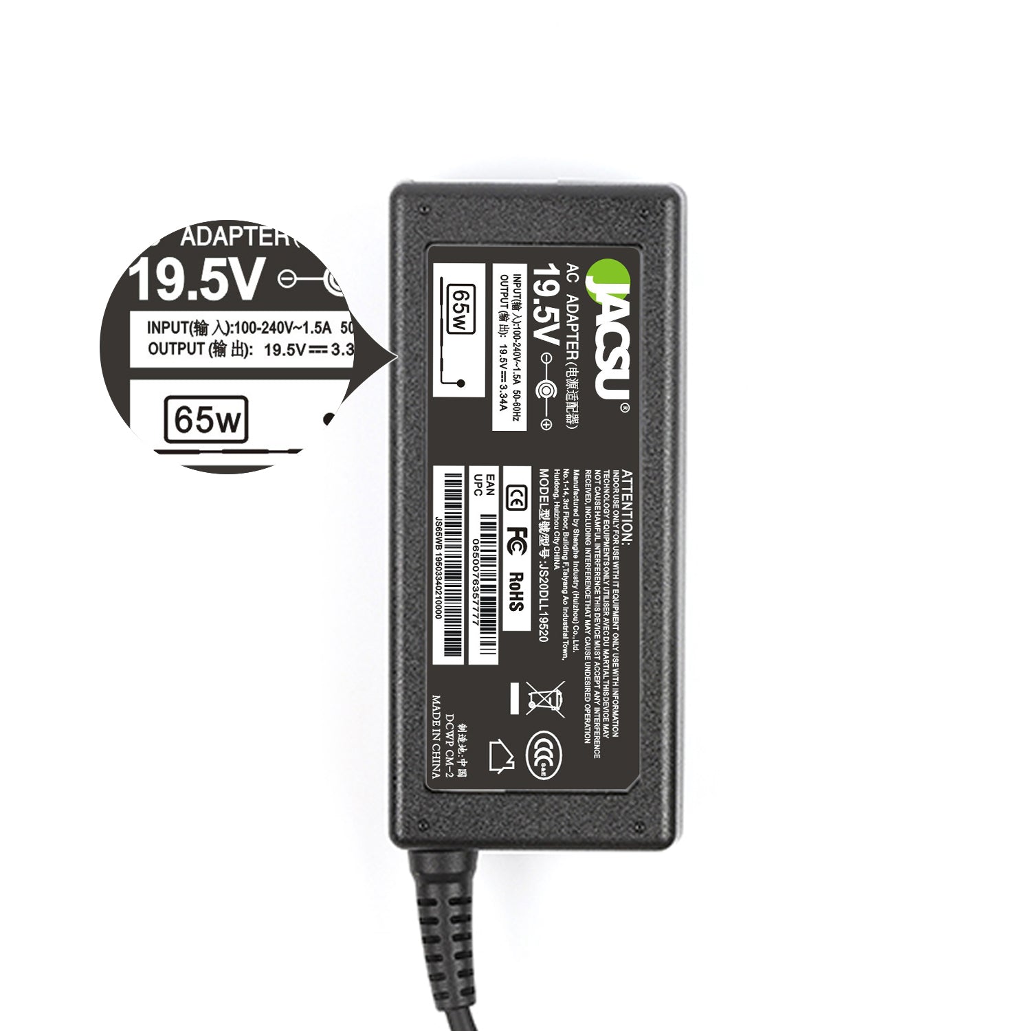 Jacsu 19.5V 3.34A 4.5*3.0mm 65W Laptop AC Power Adapter Charger for Dell Inspiron 15 5558 3558 3551 3552 5551