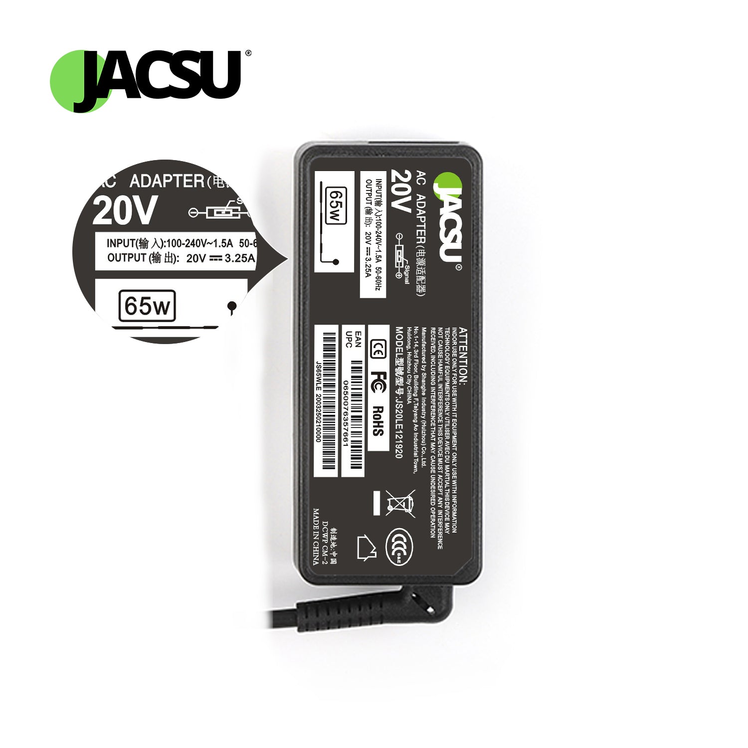 Jacsu 20V 3.25A 65W USB AC Laptop Charger Adapter For Lenovo Thinkpad X301S X230S G500 G405 X1 Carbon E431 E531