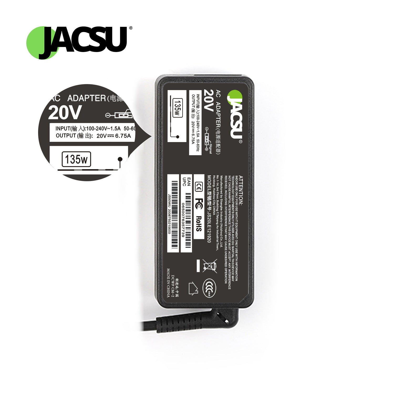 Jacsu 135W 20V 6.75A USB Laptop AC Adapter Charger for Lenovo IdeaPad Y50 ADL135NDC3A 36200605 45N0361 45N0501